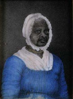 <p>Painted portrait of a middle aged Black woman, wearing a blue dress with a white wrap at the neck, a white bonnet, and a gold beaded necklace around her collar.</p>
